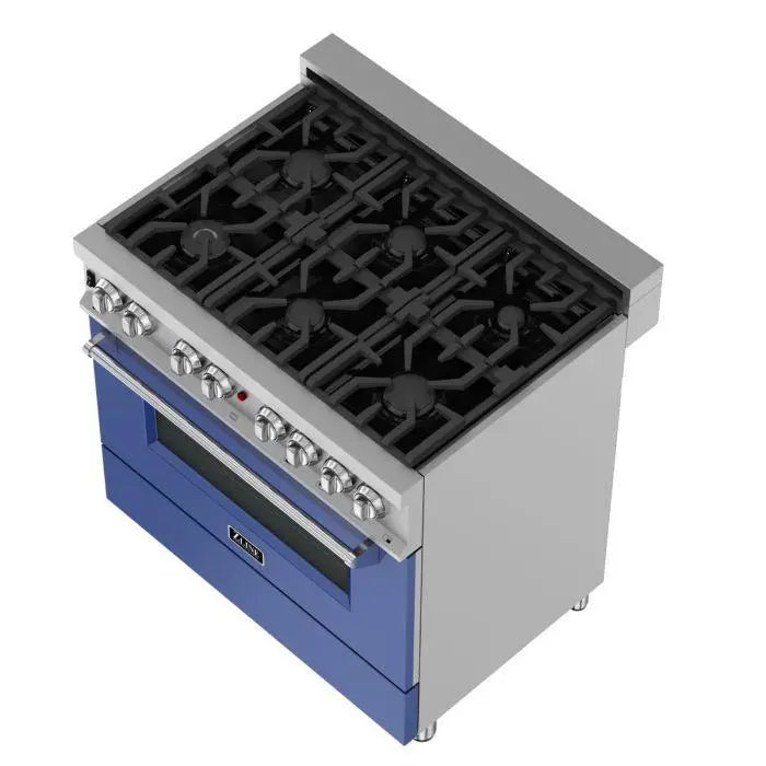ZLINE 36" Dual Fuel Range in DuraSnow® Stainless Steel with Blue Matte Door, RAS-BM-36 ZLINE Dreamwood Living