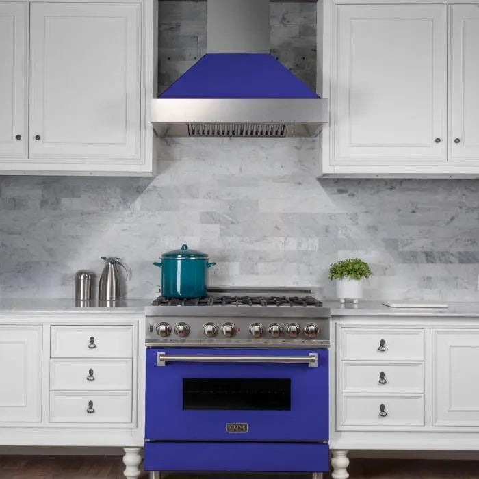 ZLINE 36" Ducted Wall Mount Range Hood in DuraSnow® Stainless Steel with Blue Matte Shell, 8654BM-36 ZLINE Dreamwood Living