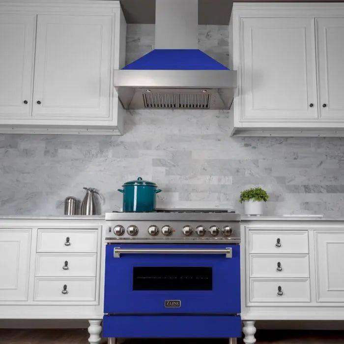 ZLINE 36" Ducted Wall Mount Range Hood in DuraSnow® Stainless Steel with Blue Matte Shell, 8654BM-36 ZLINE Dreamwood Living