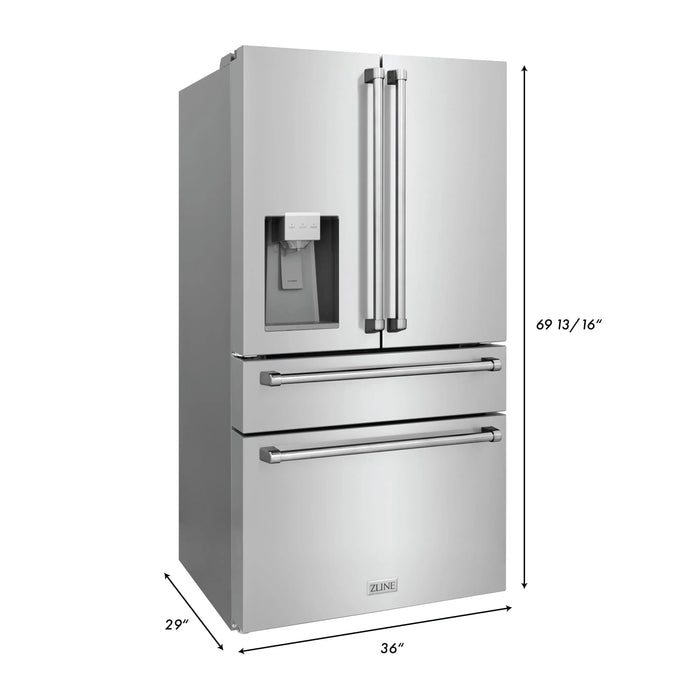 ZLINE 36" French Door Refrigerator with Water Dispenser & Ice Maker in Fingerprint Resistant Stainless Steel with Traditional Handle RFM-W-36 ZLINE