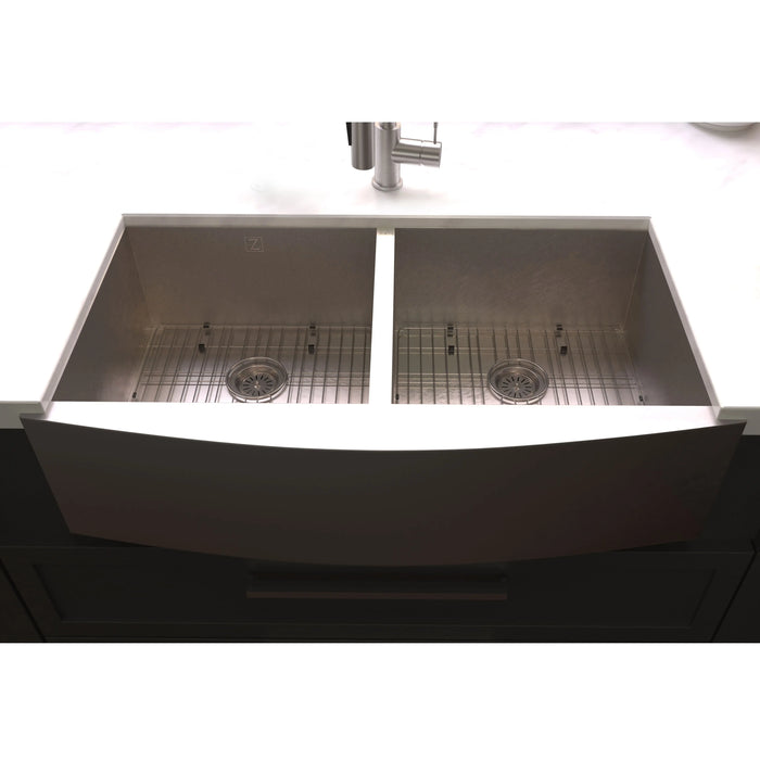 ZLINE 36" Niseko Farmhouse Apron Mount Double Bowl Kitchen Sink in DuraSnow® Stainless Steel with Bottom Grid, SA50D-36S ZLINE Dreamwood Living