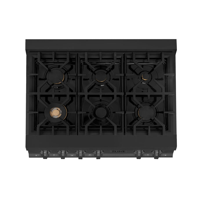 ZLINE 36" Rangetop with 6 Gas Brass Burners in Black Stainless Steel, RTB-BR-36 ZLINE