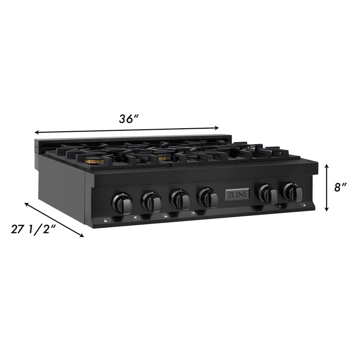 ZLINE 36" Rangetop with 6 Gas Brass Burners in Black Stainless Steel, RTB-BR-36 ZLINE