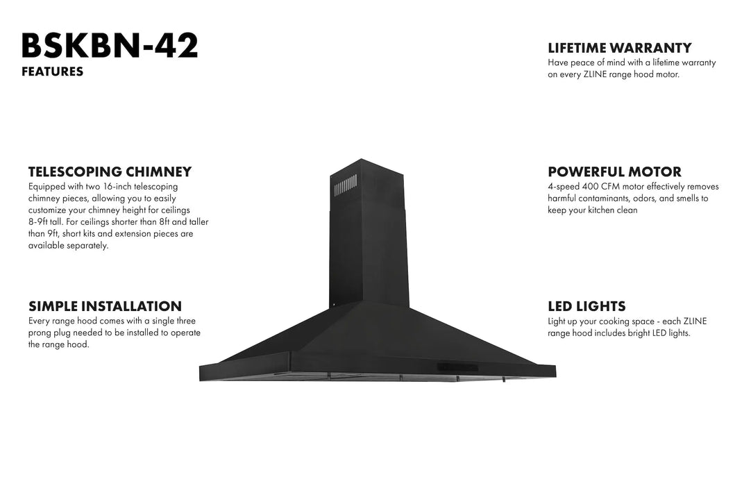 ZLINE 42" Convertible Vent Wall Mount Range Hood in Black Stainless Steel, BSKBN-42 ZLINE