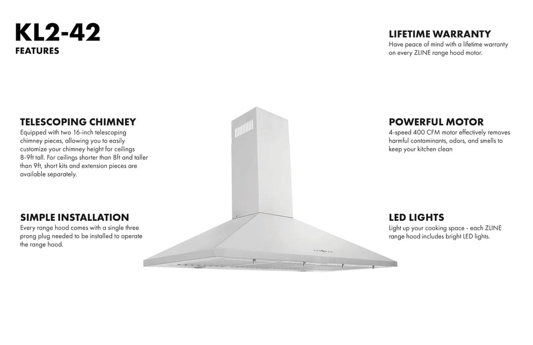 ZLINE 42" Convertible Vent Wall Mount Range Hood in Stainless Steel, KL2-42 ZLINE