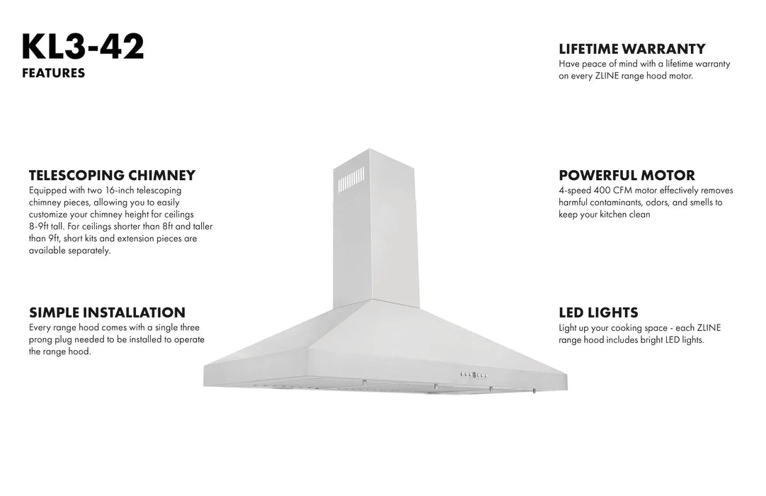 ZLINE 42" Convertible Vent Wall Mount Range Hood in Stainless Steel, KL3-42 ZLINE