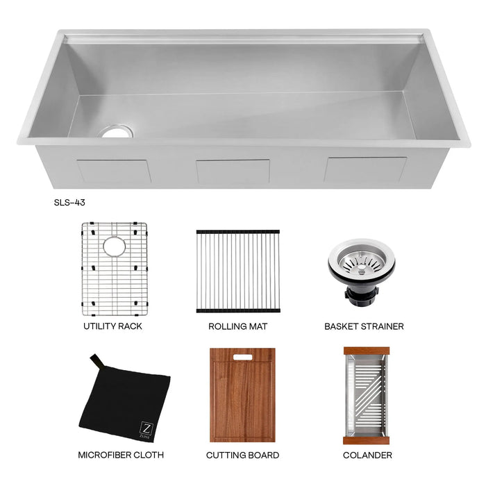 ZLINE 43" Garmisch Undermount Single Bowl Kitchen Sink in DuraSnow® Stainless Steel with Bottom Grid and Accessories, SLS-43S ZLINE