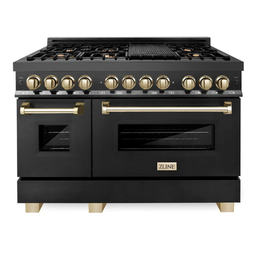 ZLINE 48" Autograph Edition Dual Fuel Range in Black Stainless Steel and Gold Accents, RABZ-48-G ZLINE