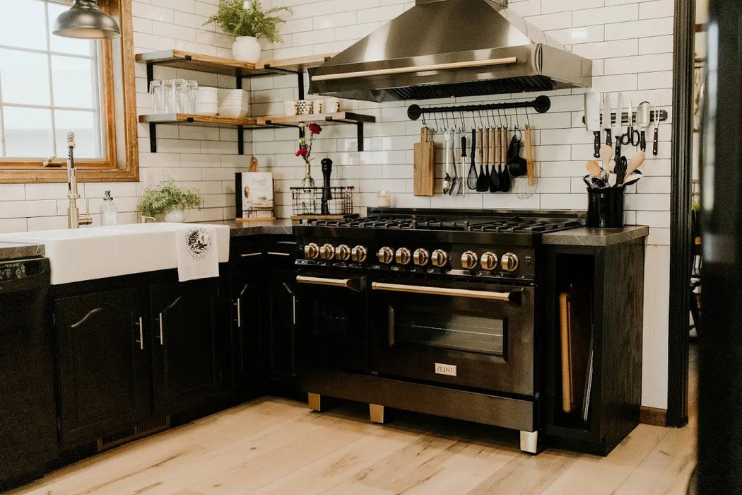 ZLINE 48" Autograph Edition Dual Fuel Range in Black Stainless Steel and Gold Accents, RABZ-48-G ZLINE