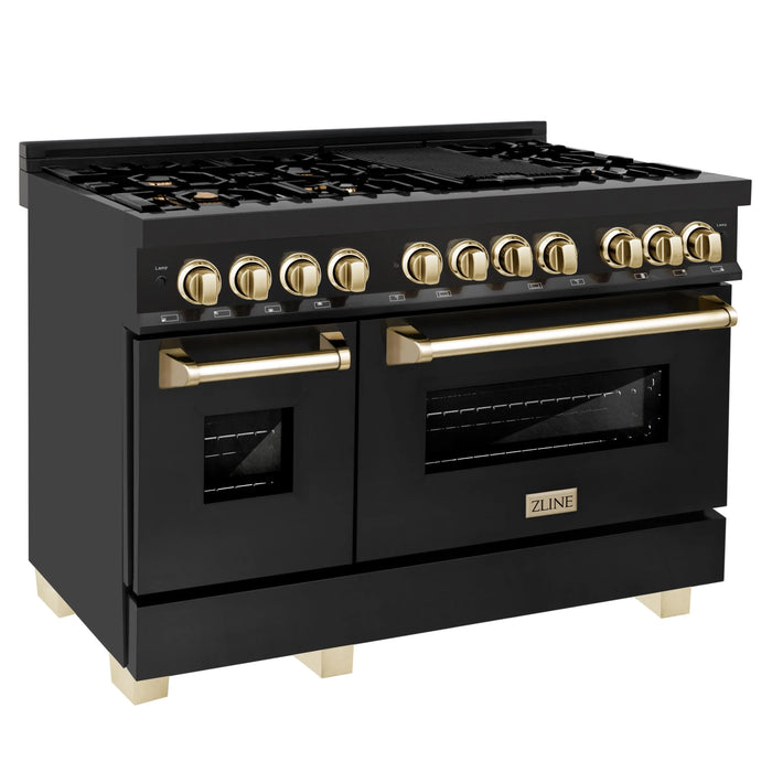 ZLINE 48" Autograph Edition Dual Fuel Range in Black Stainless Steel and Gold Accents, RABZ-48-G ZLINE