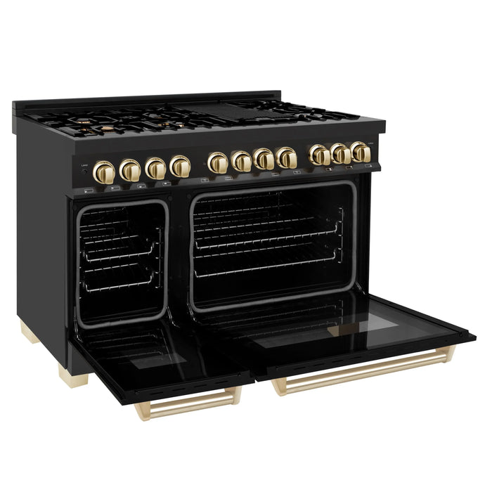 ZLINE 48" Autograph Edition Dual Fuel Range in Black Stainless Steel and Gold Accents, RABZ-48-G ZLINE