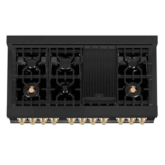 ZLINE 48" Autograph Edition Dual Fuel Range in Black Stainless Steel and Gold Accents, RABZ-48-G ZLINE