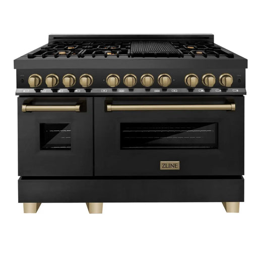 ZLINE 48" Autograph Edition Dual Fuel Range in Black Stainless Steel with Champagne Bronze Accents, RABZ-48-CB ZLINE