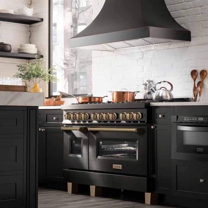 ZLINE 48" Autograph Edition Dual Fuel Range in Black Stainless Steel with Champagne Bronze Accents, RABZ-48-CB ZLINE