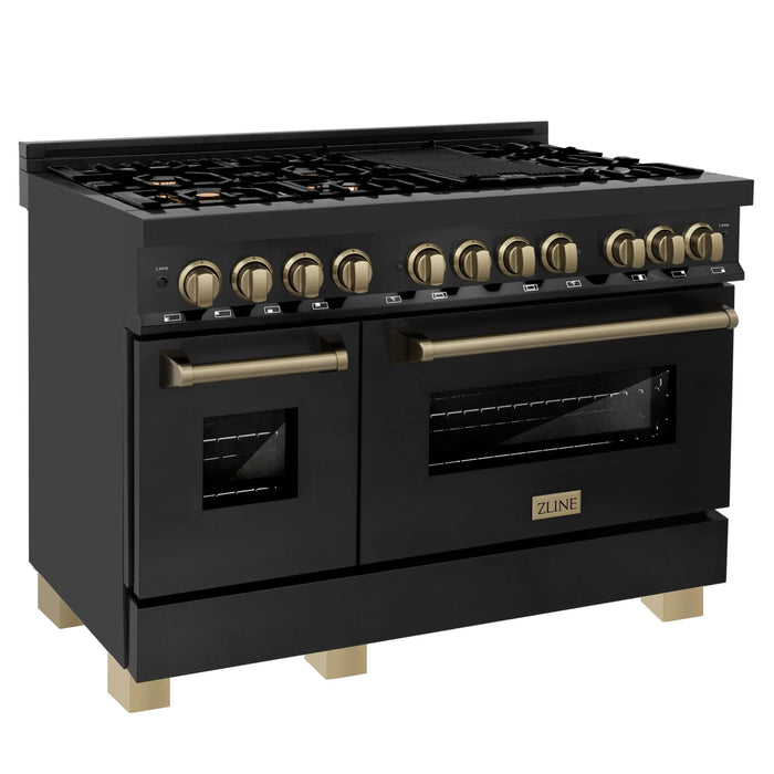 ZLINE 48" Autograph Edition Dual Fuel Range in Black Stainless Steel with Champagne Bronze Accents, RABZ-48-CB ZLINE