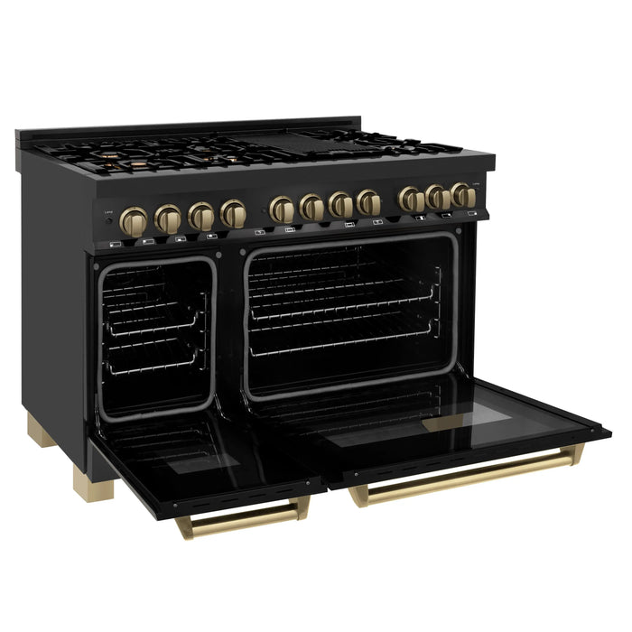 ZLINE 48" Autograph Edition Dual Fuel Range in Black Stainless Steel with Champagne Bronze Accents, RABZ-48-CB ZLINE