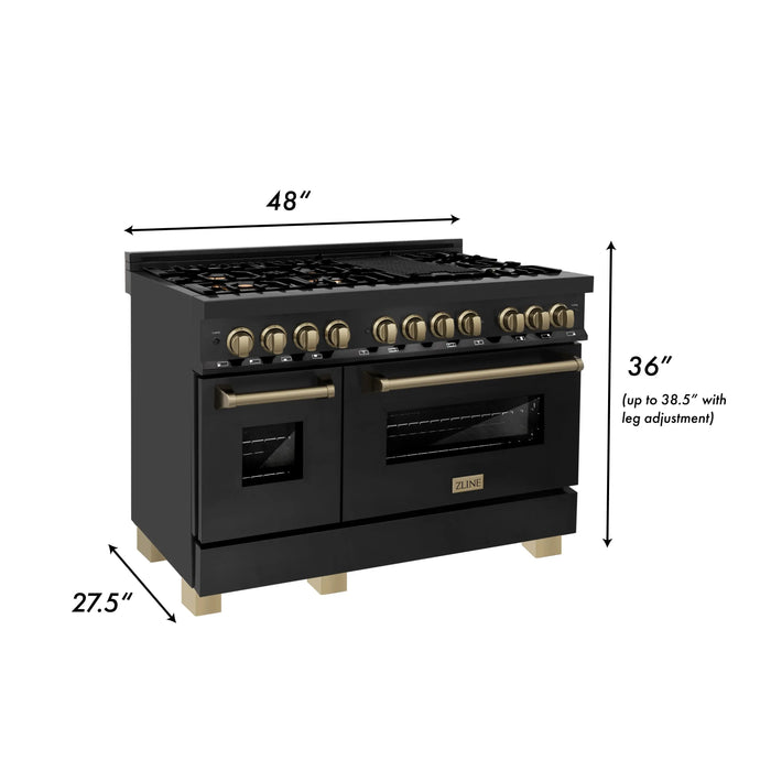 ZLINE 48" Autograph Edition Dual Fuel Range in Black Stainless Steel with Champagne Bronze Accents, RABZ-48-CB ZLINE