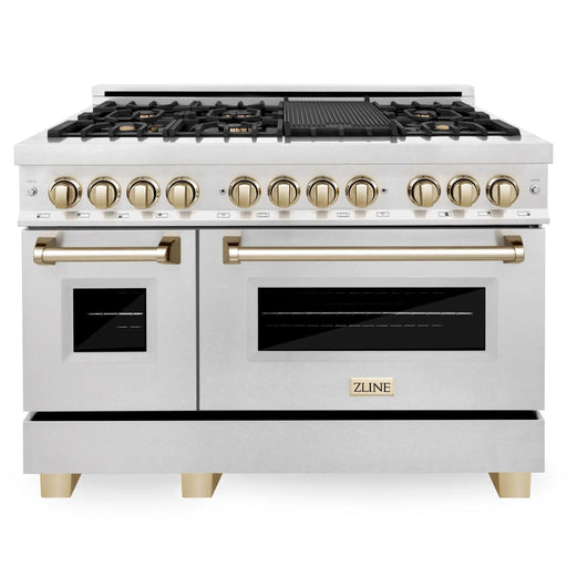 ZLINE 48" Autograph Edition Dual Fuel Range in DuraSnow® Stainless Steel with Gold Accents, RASZ-SN-48-G ZLINE