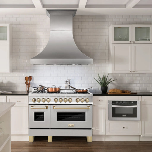 ZLINE 48" Autograph Edition Dual Fuel Range in DuraSnow® Stainless Steel with Gold Accents, RASZ-SN-48-G ZLINE