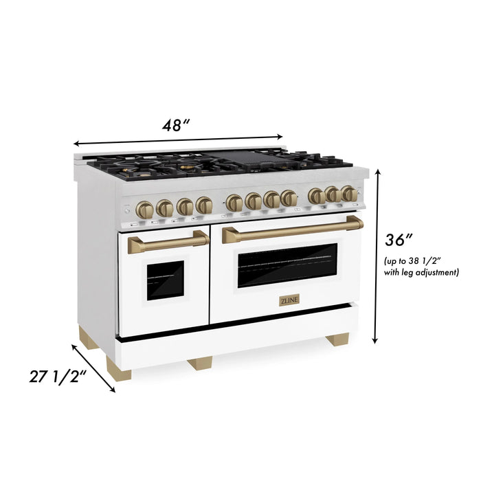 ZLINE 48" Autograph Edition Dual Fuel Range in DuraSnow® Stainless Steel with White Matte Door and Champagne Bronze Accents, RASZ-WM-48-CB ZLINE