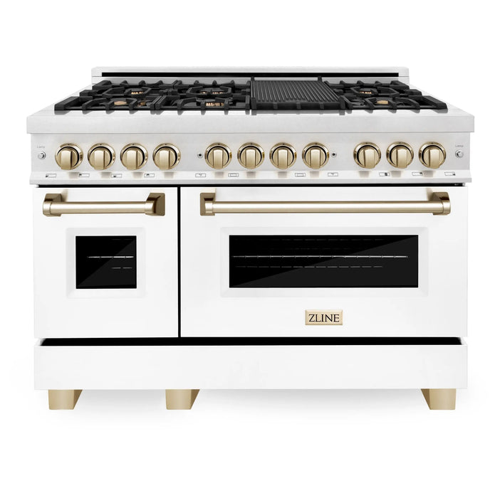 ZLINE 48" Autograph Edition Dual Fuel Range in DuraSnow® Stainless Steel with White Matte Doors and Gold Accents, RASZ-WM-48-G ZLINE