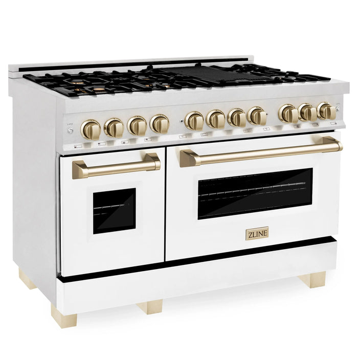 ZLINE 48" Autograph Edition Dual Fuel Range in DuraSnow® Stainless Steel with White Matte Doors and Gold Accents, RASZ-WM-48-G ZLINE