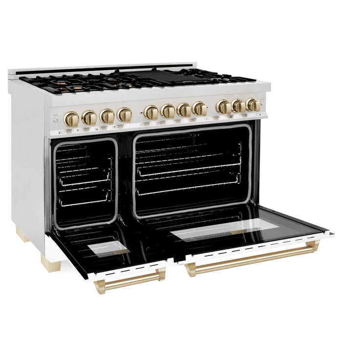 ZLINE 48" Autograph Edition Dual Fuel Range in DuraSnow® Stainless Steel with White Matte Doors and Gold Accents, RASZ-WM-48-G ZLINE