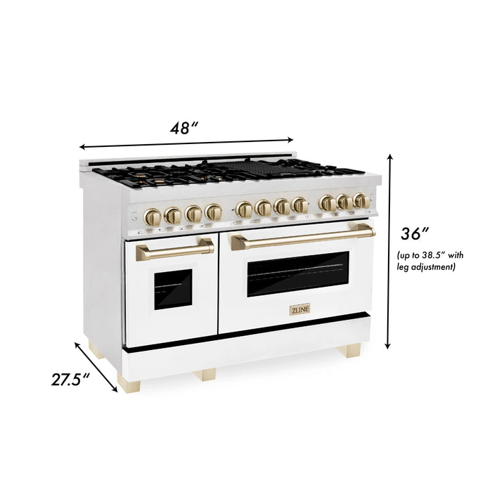 ZLINE 48" Autograph Edition Dual Fuel Range in DuraSnow® Stainless Steel with White Matte Doors and Gold Accents, RASZ-WM-48-G ZLINE