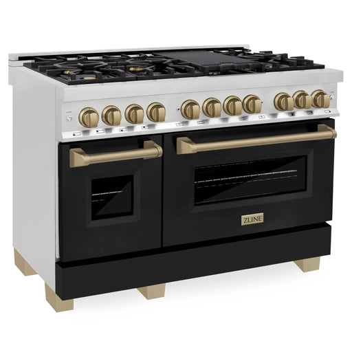 ZLINE 48" Autograph Edition Dual Fuel Range in Stainless Steel with Black Matte Doors and Champagne Bronze Accents, RAZ-BLM-48-CB ZLINE Dreamwood Living