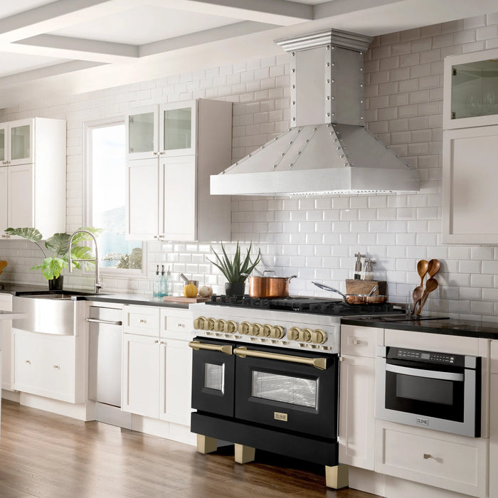 ZLINE 48" Autograph Edition Dual Fuel Range in Stainless Steel with Black Matte Doors and Champagne Bronze Accents, RAZ-BLM-48-CB ZLINE Dreamwood Living