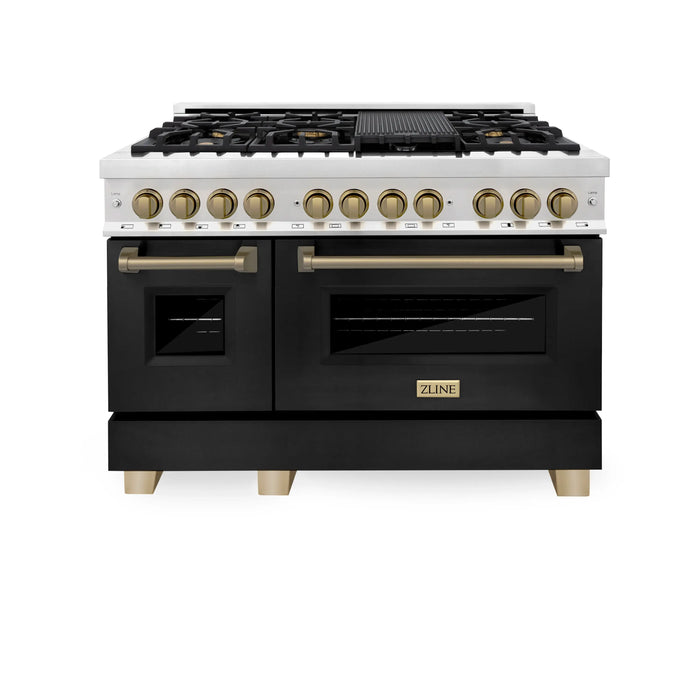 ZLINE 48" Autograph Edition Dual Fuel Range in Stainless Steel with Black Matte Doors and Champagne Bronze Accents, RAZ-BLM-48-CB ZLINE Dreamwood Living