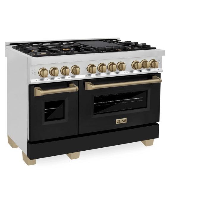 ZLINE 48" Autograph Edition Dual Fuel Range in Stainless Steel with Black Matte Doors and Champagne Bronze Accents, RAZ-BLM-48-CB ZLINE Dreamwood Living