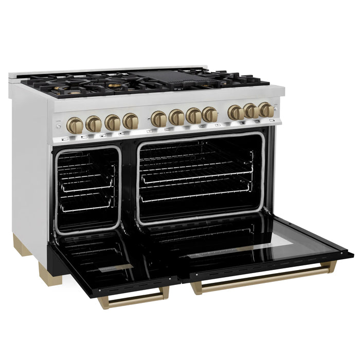 ZLINE 48" Autograph Edition Dual Fuel Range in Stainless Steel with Black Matte Doors and Champagne Bronze Accents, RAZ-BLM-48-CB ZLINE Dreamwood Living