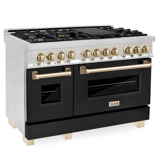 ZLINE 48" Autograph Edition Dual Fuel Range in Stainless Steel with Black Matte Doors and Polished Gold Accents,RAZ-BLM-48-G ZLINE Dreamwood Living