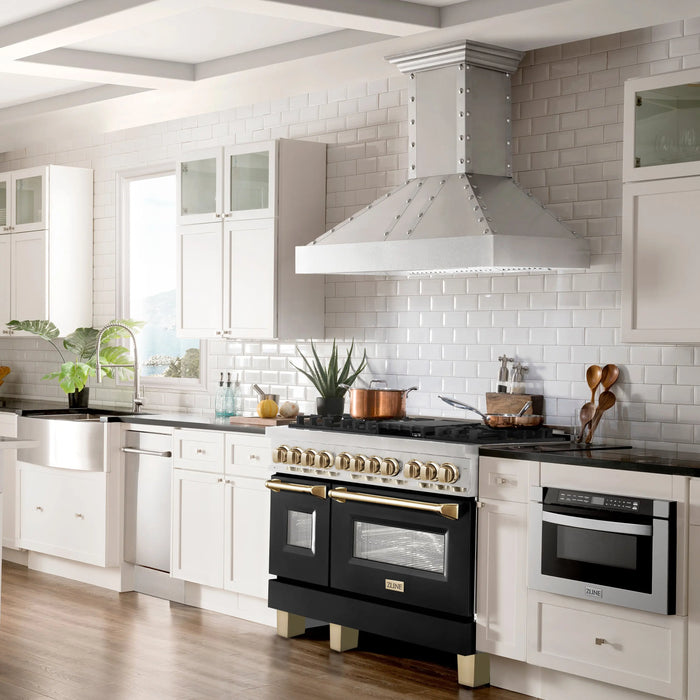 ZLINE 48" Autograph Edition Dual Fuel Range in Stainless Steel with Black Matte Doors and Polished Gold Accents,RAZ-BLM-48-G ZLINE Dreamwood Living