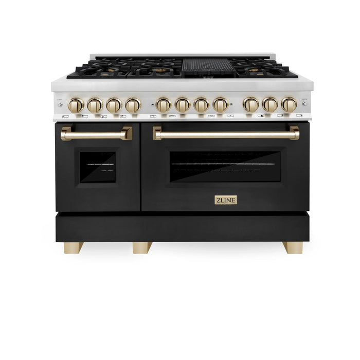 ZLINE 48" Autograph Edition Dual Fuel Range in Stainless Steel with Black Matte Doors and Polished Gold Accents,RAZ-BLM-48-G ZLINE Dreamwood Living