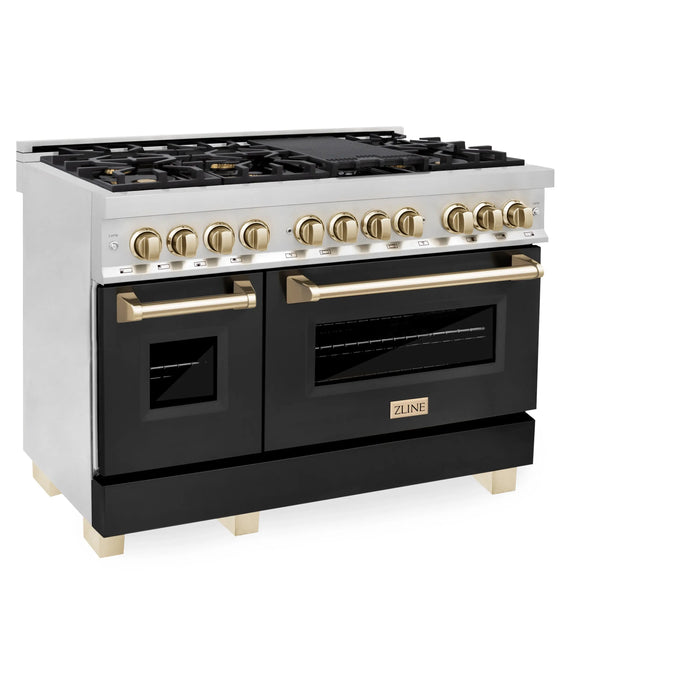 ZLINE 48" Autograph Edition Dual Fuel Range in Stainless Steel with Black Matte Doors and Polished Gold Accents,RAZ-BLM-48-G ZLINE Dreamwood Living