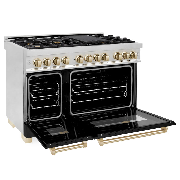 ZLINE 48" Autograph Edition Dual Fuel Range in Stainless Steel with Black Matte Doors and Polished Gold Accents,RAZ-BLM-48-G ZLINE Dreamwood Living