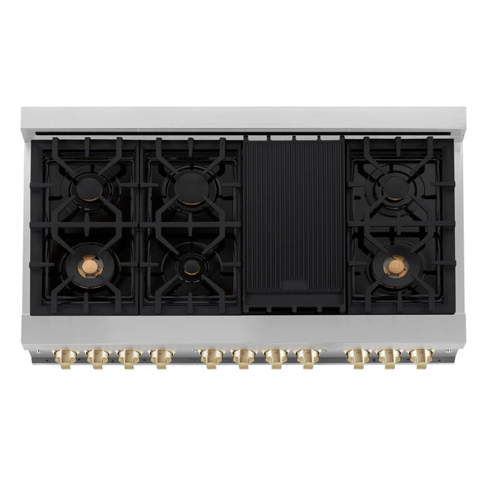 ZLINE 48" Autograph Edition Dual Fuel Range in Stainless Steel with Black Matte Doors and Polished Gold Accents,RAZ-BLM-48-G ZLINE Dreamwood Living