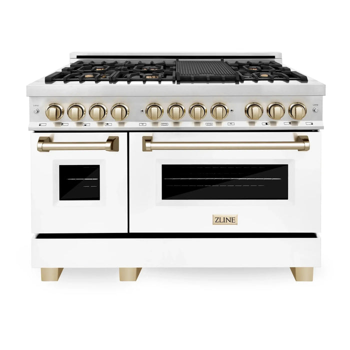 ZLINE 48" Autograph Edition Dual Fuel Range in Stainless Steel with White Matte Doors and Gold Accents, RAZ-WM-48-G ZLINE