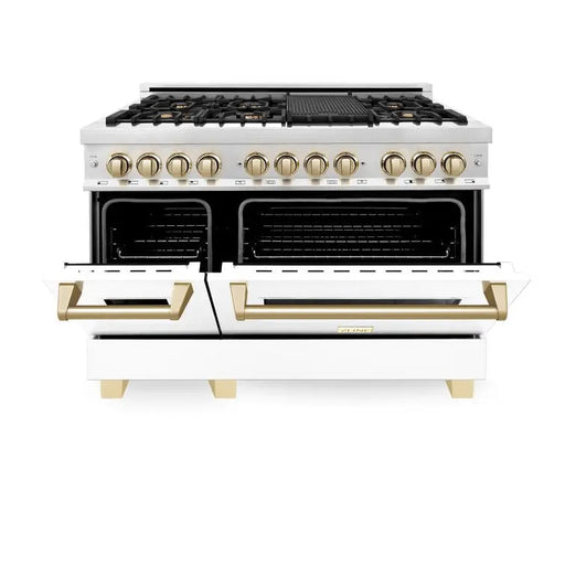 ZLINE 48" Autograph Edition Dual Fuel Range in Stainless Steel with White Matte Doors and Gold Accents, RAZ-WM-48-G ZLINE