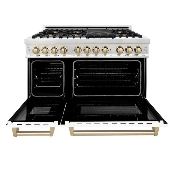 ZLINE 48" Autograph Edition Dual Fuel Range in Stainless Steel with White Matte Doors and Gold Accents, RAZ-WM-48-G ZLINE