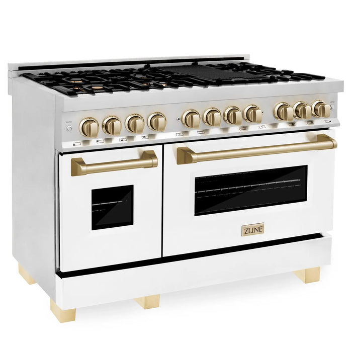 ZLINE 48" Autograph Edition Dual Fuel Range in Stainless Steel with White Matte Doors and Gold Accents, RAZ-WM-48-G ZLINE