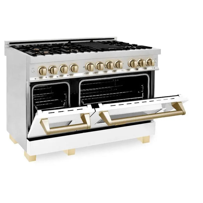 ZLINE 48" Autograph Edition Dual Fuel Range in Stainless Steel with White Matte Doors and Gold Accents, RAZ-WM-48-G ZLINE