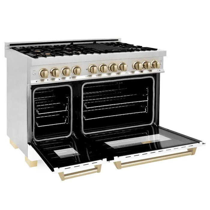 ZLINE 48" Autograph Edition Dual Fuel Range in Stainless Steel with White Matte Doors and Gold Accents, RAZ-WM-48-G ZLINE