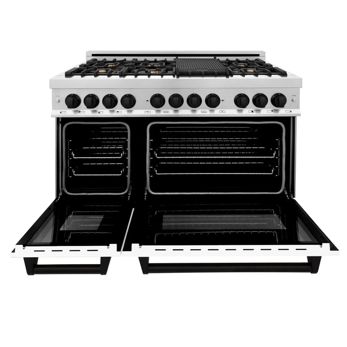ZLINE 48" Autograph Edition Dual Fuel Range in Stainless Steel with White Matte Doors and Matte Black Accents, RAZ-WM-48-MB ZLINE Dreamwood Living