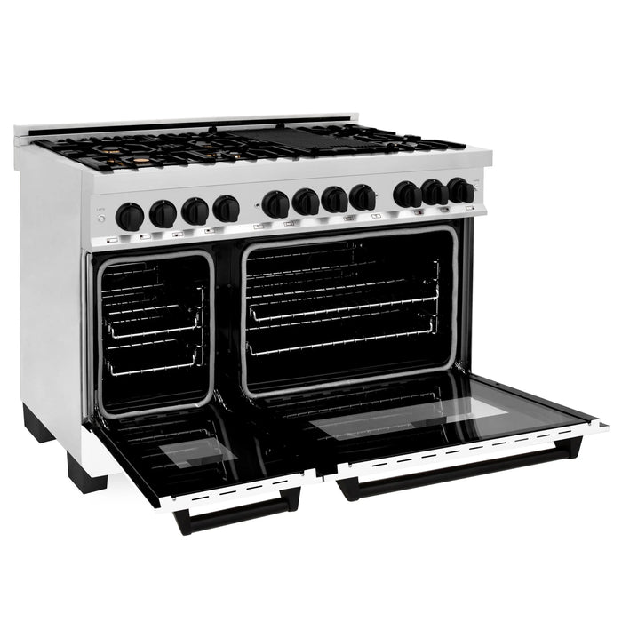 ZLINE 48" Autograph Edition Dual Fuel Range in Stainless Steel with White Matte Doors and Matte Black Accents, RAZ-WM-48-MB ZLINE Dreamwood Living