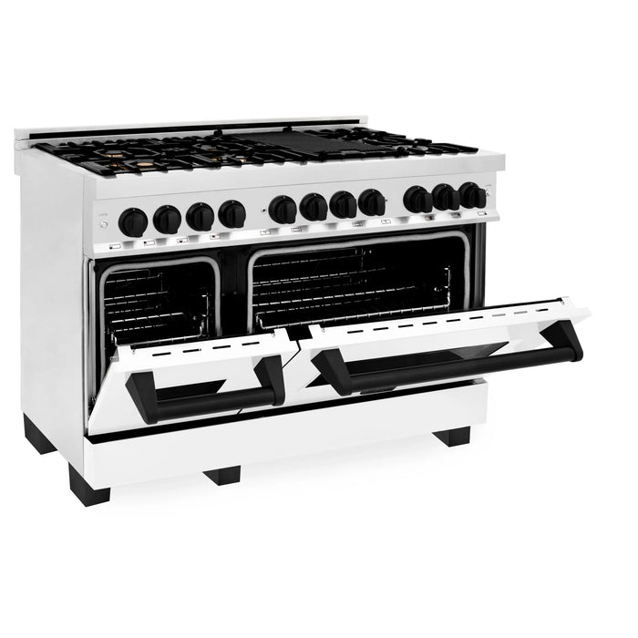ZLINE 48" Autograph Edition Dual Fuel Range in Stainless Steel with White Matte Doors and Matte Black Accents, RAZ-WM-48-MB ZLINE Dreamwood Living