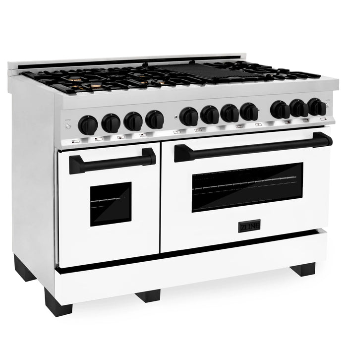 ZLINE 48" Autograph Edition Dual Fuel Range in Stainless Steel with White Matte Doors and Matte Black Accents, RAZ-WM-48-MB ZLINE Dreamwood Living