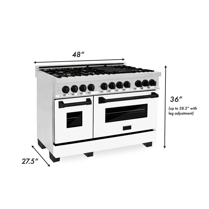ZLINE 48" Autograph Edition Dual Fuel Range in Stainless Steel with White Matte Doors and Matte Black Accents, RAZ-WM-48-MB ZLINE Dreamwood Living